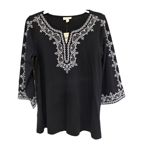 J. Jill Tops - J Jill Women's Shirt SP Small Petite Long Sleeve Navy Blue Tunic Embroidered NWT